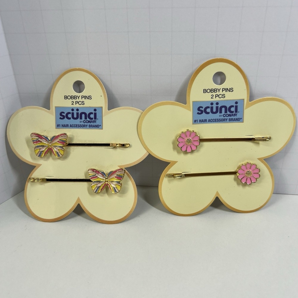 Scunci Bobby Pins Bundle Butterfly Daisy Gold Hair Clips New Pink Flowers Fun‎
